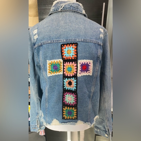 Granny Crochet Squares Of Cross Distressed Denim Jacket, Refashioned by Susie - Picture 2 of 5